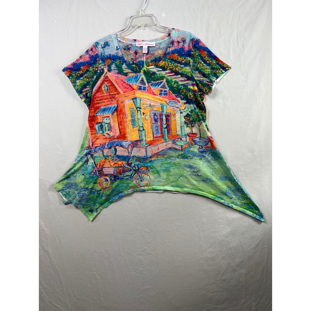 Leoma Lovegrove Tunic Top Women XL Multicolor Florida Art Sharkbite Hem Graphic